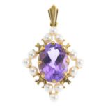 A 9ct gold amethyst and pearl cluster pendant. Designed as an oval-shape amethyst, within a cultured