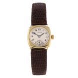 LONGINES - a lady's wrist watch. Yellow metal case, stamped 18K with poincon. Numbered 4555668.