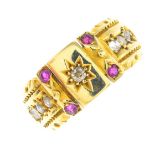A late Victorian 15ct gold diamond and ruby dress ring.