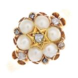 A mid Victorian 15ct gold split pearl and diamond cluster ring.