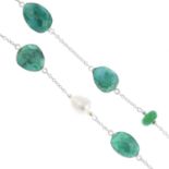 A dyed corundum, jade and cultured pearl necklace.