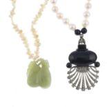 Three cultured pearl and gem-set necklaces.