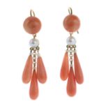 A pair of coral and split pearl earrings.