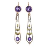 A pair of Edwardian 9ct gold amethyst and split pearl earrings.