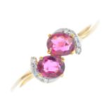 A 9ct gold spinel two-stone and cubic zirconia ring.