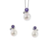 A cultured pearl and amethyst pendant and matching earrings.