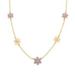 An enamel and cubic zirconia daisy necklace.
