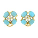 A pair of diamond and reconstituted turquoise floral earrings.