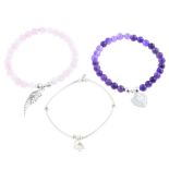 A quantity of gem bracelets and two silver bracelets. To include an amethyst spherical bead bracelet