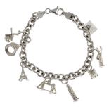 Eight silver and white metal charm bracelets and three further charms. To include a charm bracelet