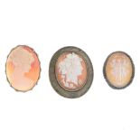 A selection of cameo costume jewellery. To include three shell cameo brooches, one depicting the