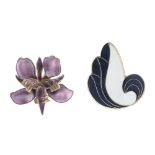 A selection of silver and white metal enamel jewellery. To include a David Anderson brooch of a