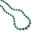 A selection of gem jewellery. A malachite bead necklace of graduated design, a stem coral necklace