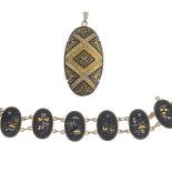 A selection of damascene costume jewellery. To include a damascene pendant featuring a geometric
