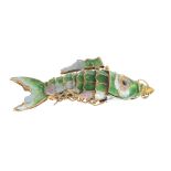 A selection of enamel costume jewellery. To include a green enamel articulated fish pendant, a