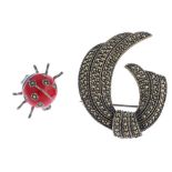 A selection of marcasite silver and white metal jewellery. To include three marcasite brooches,