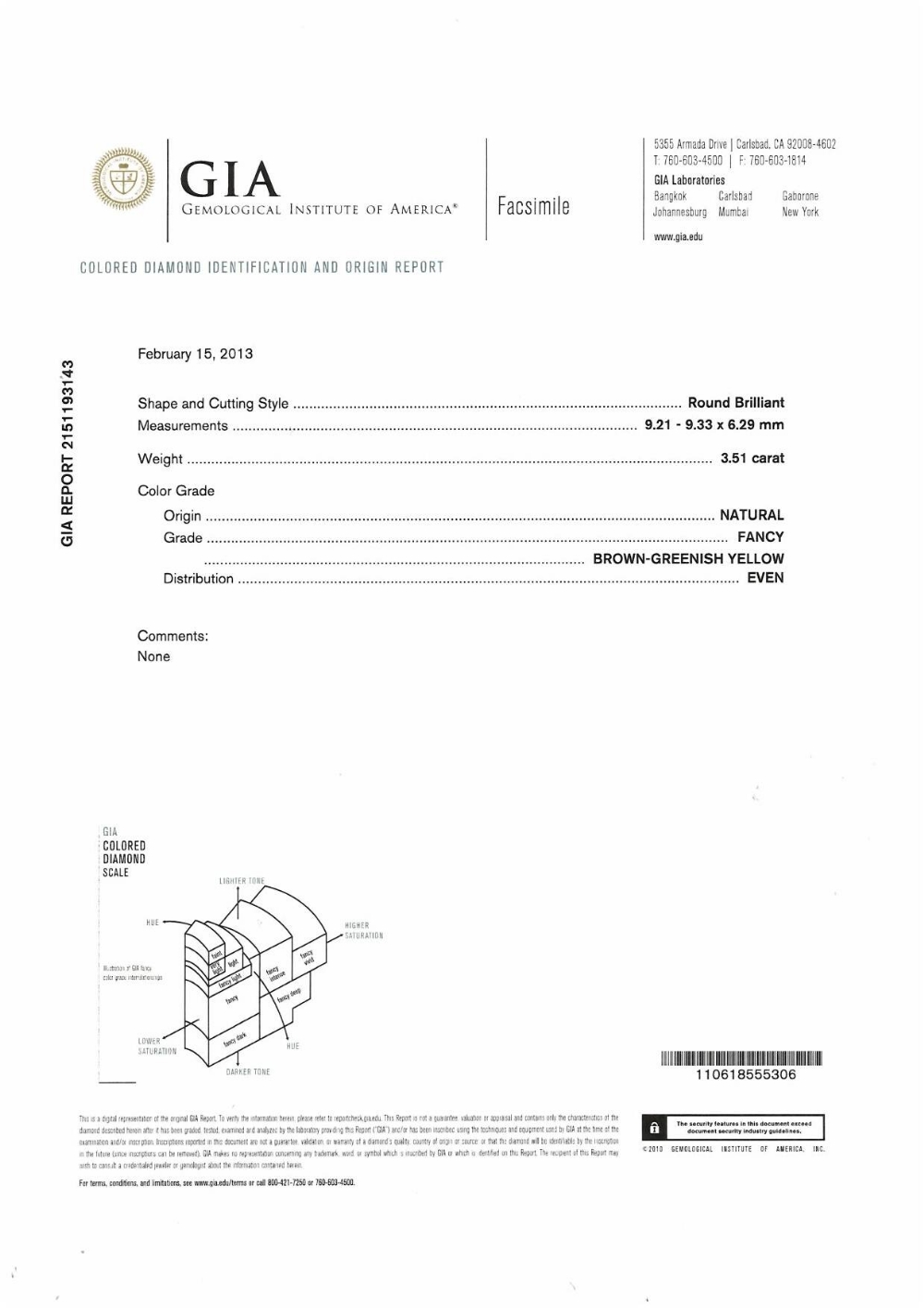 A brilliant-cut coloured diamond, weighing 3.51cts. With a copy of report check 2151193143, dated - Image 2 of 2