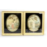 A near pair of 19th century painted and embroidered oval silk panels,