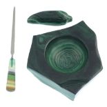 A malachite ashtray, an agate letter opener, with a selection of agate slabs and gemstones. PLEASE