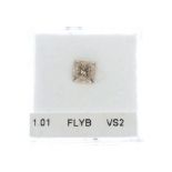 A square-shape coloured diamond, weighing 1.01cts. Approximate dimensions 5.1 by 5 by 4.2mms.