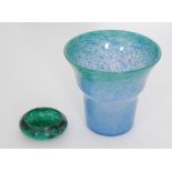 A 1930s Monart glass vase of stepped flared form decorated with graduated blue to green mottling,