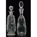 A post war clear crystal Stourbridge glass decanter in of footed sleeve form decorated with wrythen