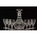 A 1930s Stuart & Sons clear crystal decanter of Prussian form decorated in the Tamara pattern with