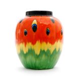 A 1930s Art Deco Crown Ducal ovoid vase decorated with hand painted red to yellow to green