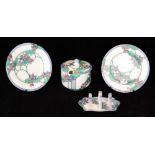 A 1930s matched breakfast set comprising toast rack, preserve pot and two toast plates,
