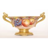 A later 20th Century oval twin handled pedestal bowl decorated by former Royal Worcester artist G.