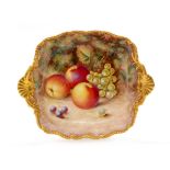 A Royal Worcester Fallen Fruits twin handled square dish decorated by H.