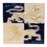 William de Morgan - Sands End - A 6in plastic clay tile decorated in the Raised Lion pattern with a