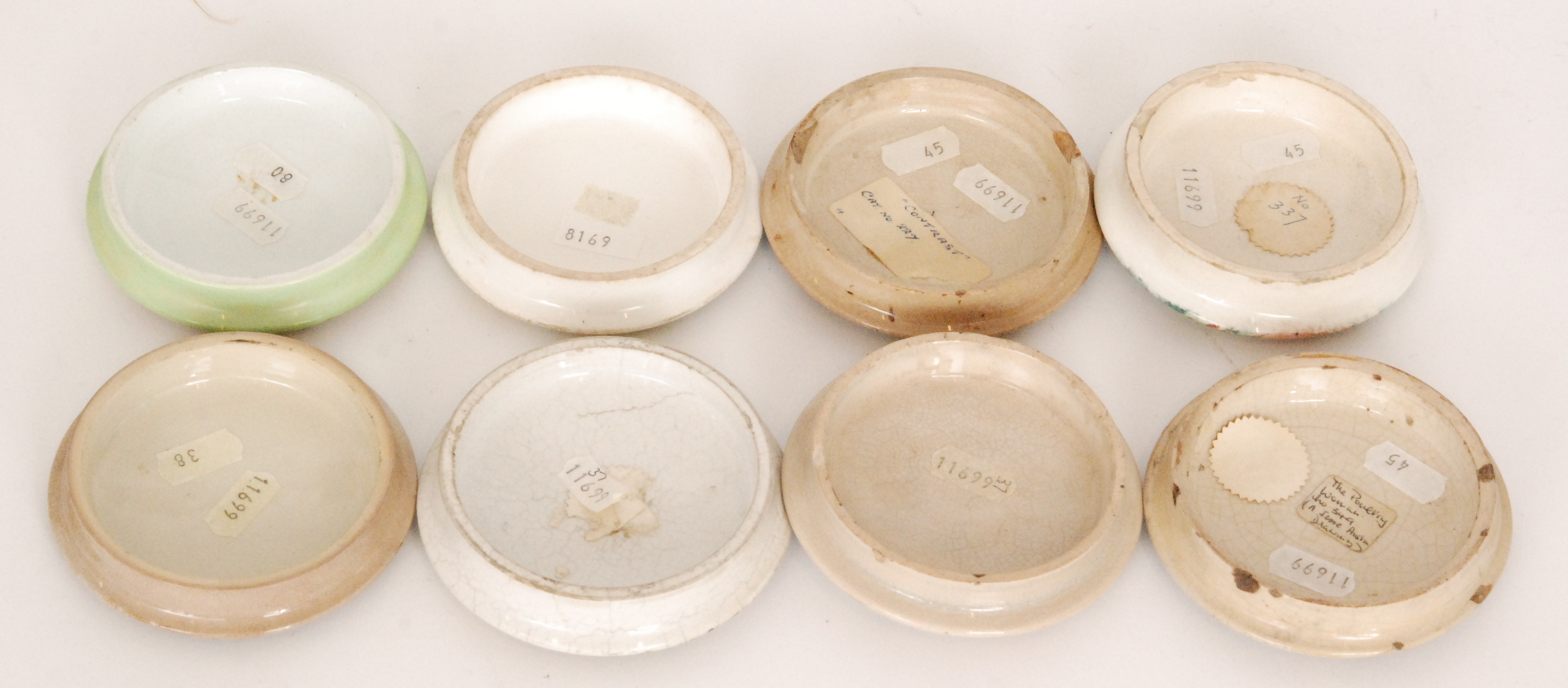 Eight assorted 19th Century Staffordshire Pratt Ware pot lids comprising On Guard, Contrast, - Image 2 of 2