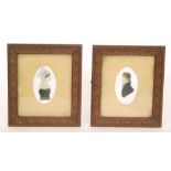 A pair of 19th Century oval side portrait miniatures of a Georgian lady and gentleman,