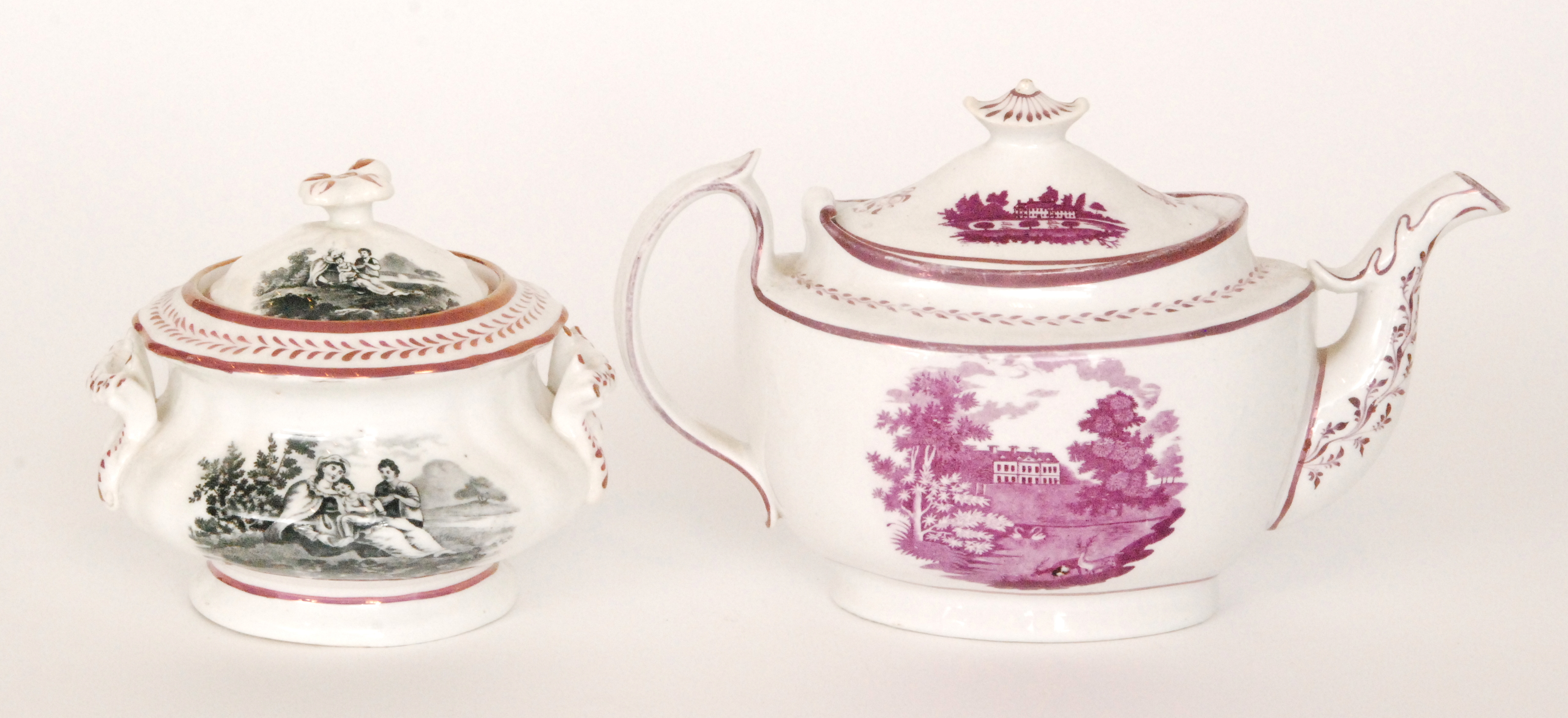 A 19th Century Sunderland lustre teapot of silver form decorated with two transfer applied scenes