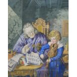 A 19th Century Berlin woolwork print of a musician instructing his pupil, framed,