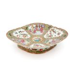 A late 19th to early 20th Century Chinese Famille Rose footed diamond shaped dish decorated with