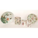 Five pieces of assorted late 19th Century Chinese Famille Rose comprising a shallow charger,