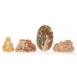 Four pieces of Chinese carved soapstone to include a seated figure of Pu-Tai Ho-Shang, height 12cm,