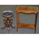 A Victorian mahogany revolving piano stool and a small inlaid rectangular occasional table,