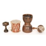 An African turned hardwood cup, a similar small drum,