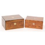 A 19th Century birds eye maple work box with fitted interior and a similar figured walnut work box,