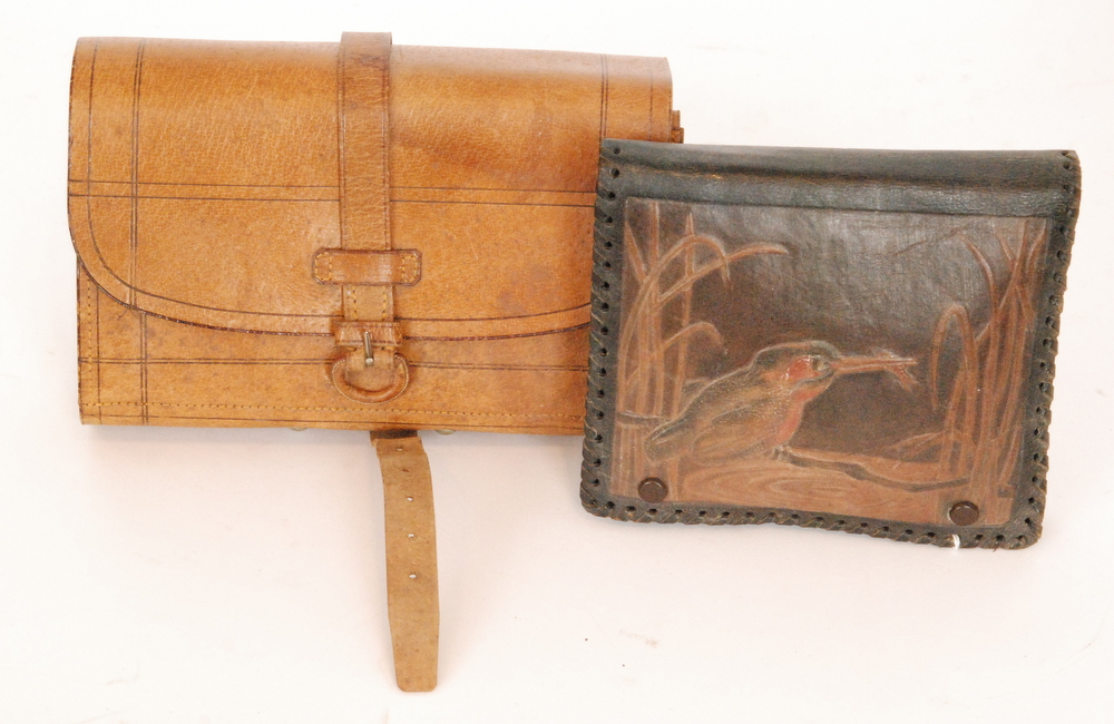 A Hardy's Brothers brown pig skin cast case in the form of a satchel and a small tooled leather