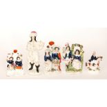 Five assorted 19th Century Staffordshire flat back figures to include a spill vase with the Royal