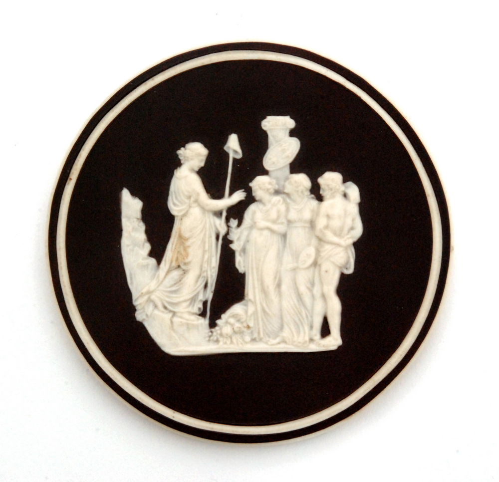 A late 18th Century basalt medallion with relief applied scene in white depicting Peace, - Image 2 of 2