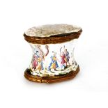 A 18th Century Continental painted enamel on copper waisted double snuff box with gilt copper