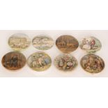 Eight assorted 19th Century Staffordshire Pratt Ware pot lids comprising On Guard, Contrast,