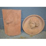 A contemporary terracotta relief moulded female portrait plaque of circular form, diameter 33cm,