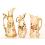 Three Royal Worcester blush ivory ewers comprising a shape 1260 of tapering form, S/D, a shape 1065,