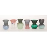 A group of six 20th Century Vasart glass vases of varying flared forms,
